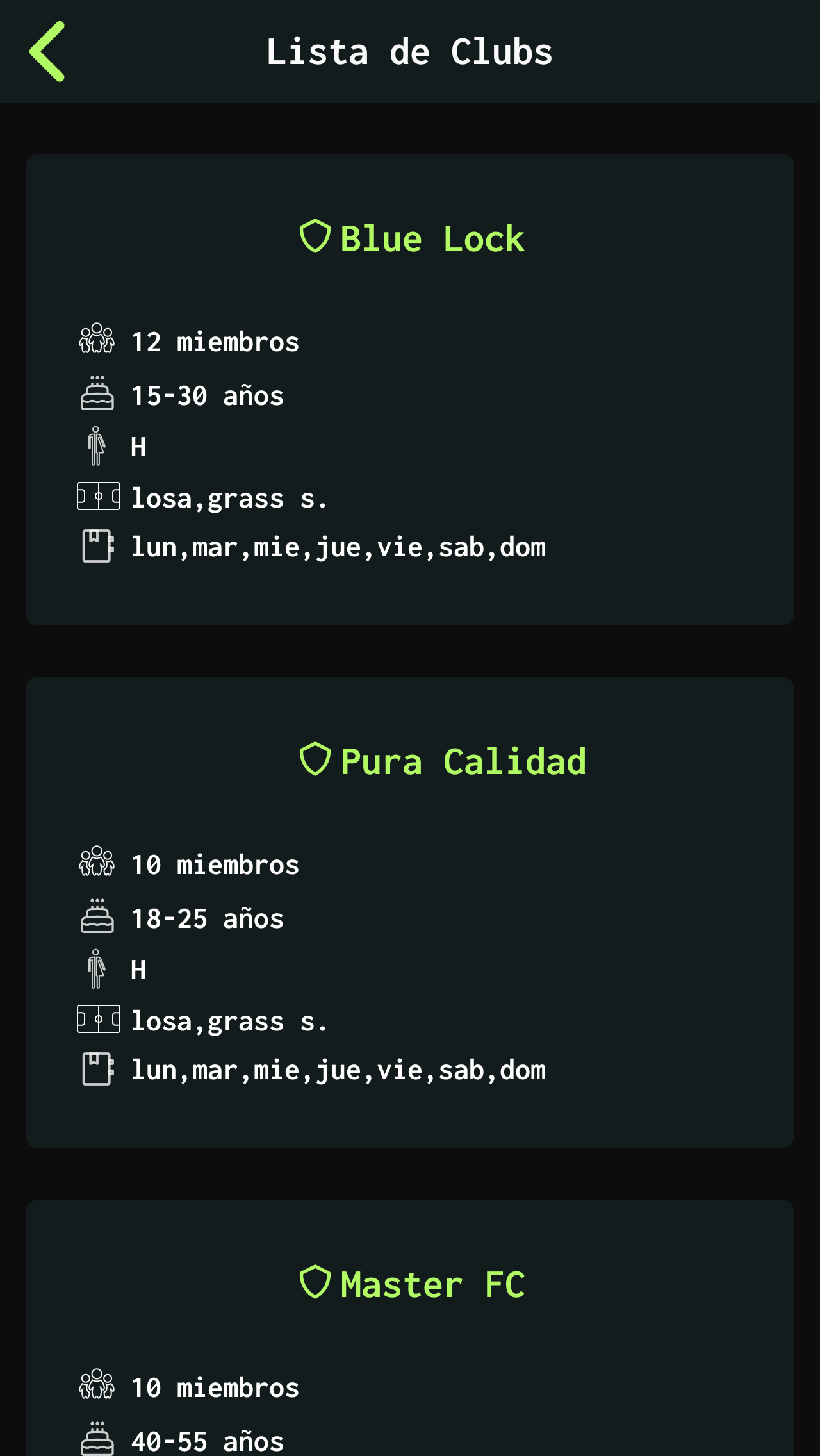 Adrenalina App - Lista de Clubes